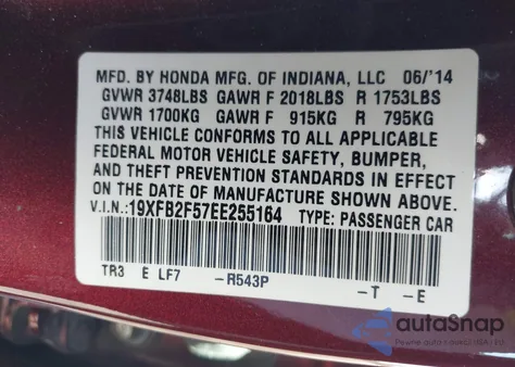 2014 Honda Civic Lx from USA, damaged, VIN 19XFB2F57EE255164